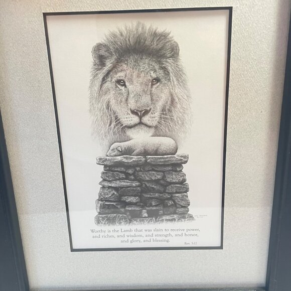 Lion & Lamb Framed Religious Artwork By Sue Christmas 1992 Rev 5:12 Bible Verse - Picture 4 of 11